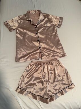 Silky Short Sleeve Pajama Set in Blush with Black Trim